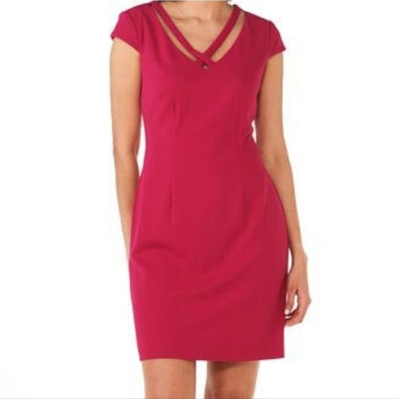 Connected Apparel Navy Crisscross V-Neck Cap Sleeve Sheath dress - Picture 2 of 16